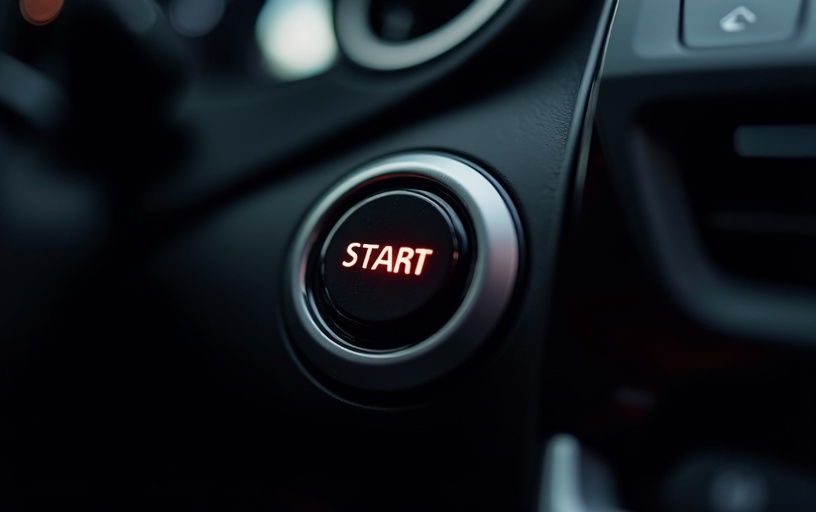 Push-to-start ignition button on modern car dashboard for smart key programming service